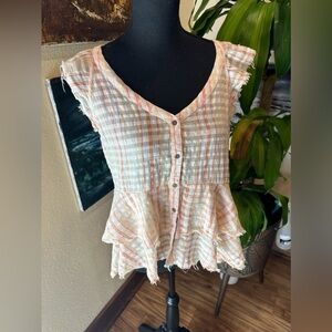 EUC True Craft Shirt Womens pink/orange  Ruffle Plaid Button Front Blouse Sz L